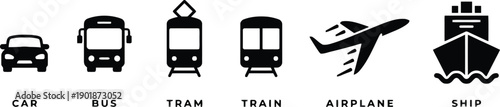 Collection of transportation icons depicting car, bus, tram, train, airplane, and ship, illustrating various modes of travel and public transit options for journey planning and logistics concepts