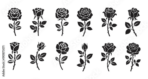 Collection of twelve black silhouette rose flowers in various stages of bloom, from buds to full blossoms, with stems and leaves, on white background