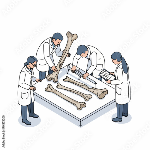 Detailed Line Art Scientists Examining Fossil Bones Illustration in a Laboratory Setting