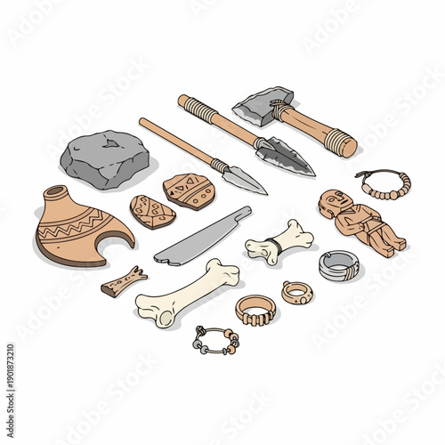 Flat Lay Handdrawn Stone Age Tools and Artifacts Ancient History Collection