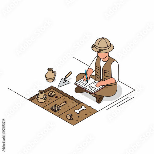 Detailed Lineart Archeologist Excavation Site with Pottery and Bone Illustration