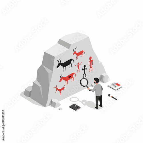 Isometric Historical Rock Painting Discovery Archeologist Examining Ancient Art Illustration