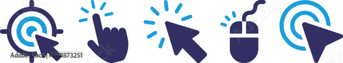 Cursor and click icons representing target, finger tap, pointer arrow, and mouse click. Essential for web design, user interaction, and indicating selection or action.