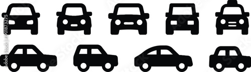 Diverse collection of car icons viewed from front and side, representing vehicles, transportation, and automotive industry in various styles and models