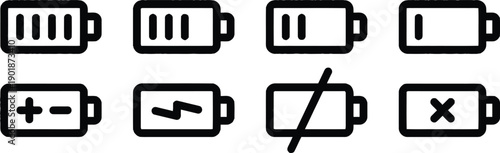 Eight monochrome battery icons in thin line style, indicating different charge levels, charging, and no power, set against a grey checkered background.