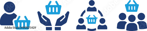 E-commerce and customer service icons. First depicts person with shopping basket. Second shows hands 