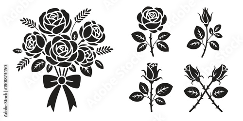 Elegant black and white silhouette illustrations of rose bouquets and individual rose blooms with leaves and buds symbolizing love beauty and romance in floral arrangements