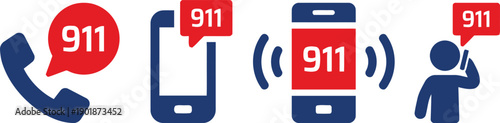 Emergency call icons representing 911 service, including phone symbol, speech bubble, and mobile phone alerts for urgent situations.