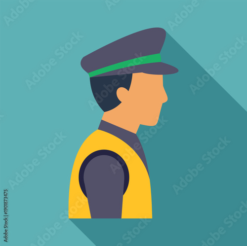 Professional man wearing a uniform, cap, and high visibility vest with long shadow