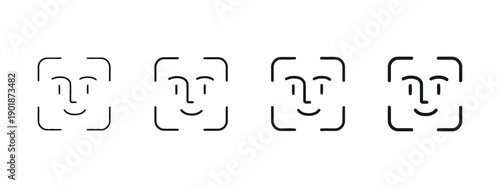 Facial recognition system icons for biometric authentication with face scan, fingerprint touch, eye scan, voice recognition, and QR code scan for security and access control technology illustrations