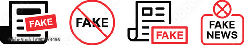 Fake news icons and symbols representing disinformation and misinformation spread online and through media channels with a prohibition sign and a stamp