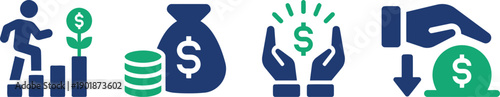 Financial growth and investment icons. First shows person climbing stairs towards money plant. Second displays stack of coins and money bag. Third features 