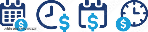 Financial icons combining calendar and clock symbols with dollar signs, representing time management, deadlines, financial planning, and cost tracking.