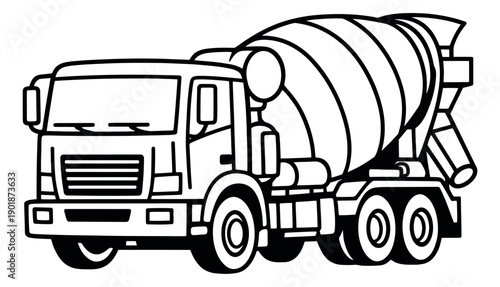 Hand drawn line art illustration of a concrete mixer truck depicting a heavy construction vehicle for building projects