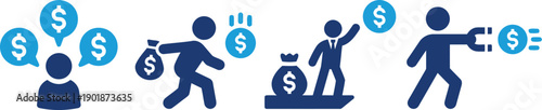 Financial icons illustrating money concepts, wealth accumulation, financial growth, investment, and economic activity with dynamic figures and dollar symbols