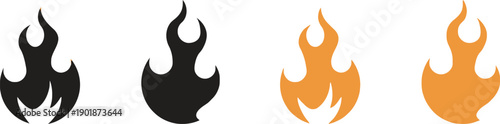 Fire flame icons in black and orange, representing heat, energy, combustion, and danger, used as symbols for fire, heat sources, or warning signs