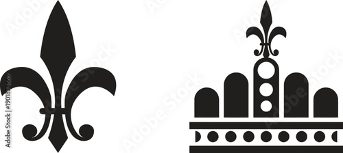 Fleur de lis and crown silhouettes, classic symbols of royalty, heraldry, and nobility. Elegant decorative elements for historical or luxury designs, on transparent background.