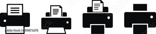 Four black printer icons representing different models and functions of printing devices, with paper fed into them, indicating office technology