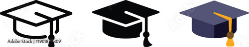 Graduation cap and scroll icons shown in outline, solid black, and colored versions, symbolizing academic achievement and education milestones for graduation ceremonies and university.