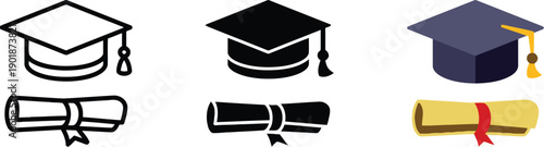 Graduation cap and scroll icons shown in outline, solid black, and colored versions, symbolizing academic achievement and education milestones for graduation ceremonies and university.