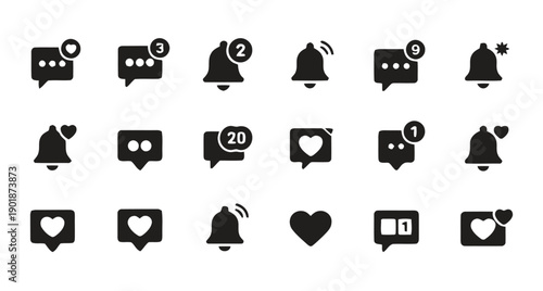 Group of black social media icons showing notifications, messages, hearts, and likes with numerical badges for user interface and engagement tracking