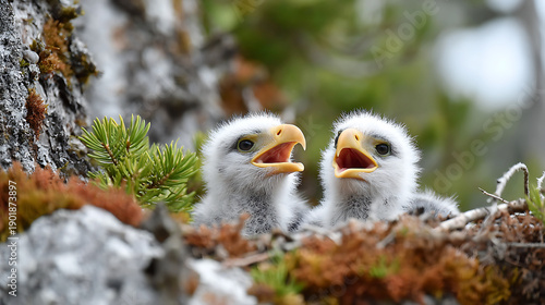 Close-up of baby eagles in a high nest, tiny beaks open as they call for food while soft white feathers move in the mountain breeze.