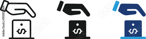 Hand putting money into donation box, charity, fundraising, contribution, giving, helping hand, financial support, cashless donation, online giving, contribution icon.