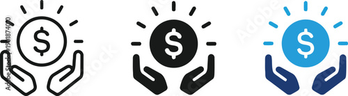 Hands holding shining coin with dollar sign symbolizing investment success wealth and financial protection in outline solid and colored icons