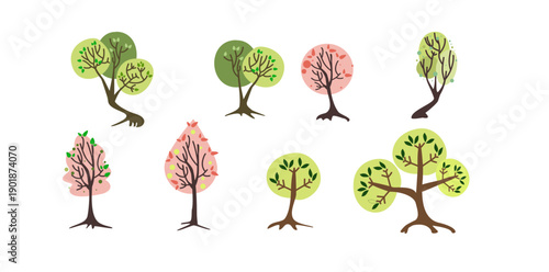 set of tree vector and leaf collection hand drawn flat design vector element for landscape design. 