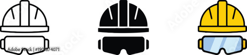 Hard hat and safety goggles set, construction protective gear icons outline filled and colored, worker head protection equipment vector illustration