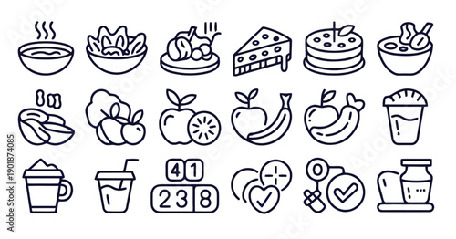 Healthy food and drink icons for diet nutrition app with vitamins, fruits, vegetables, and body care symbols for wellness, fitness, and healthy lifestyle choices, illustrating balanced diet