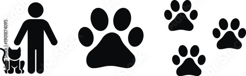 Human and pet icons with paw prints in black, showing person with cat and multiple animal footprints, conveying companionship on transparent background.
