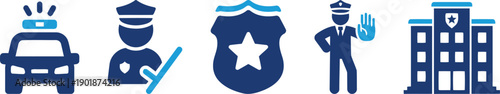 Law enforcement and security themed icons showing police car, officer with baton, badge, policeman giving stop signal, and police station building representing order and protection