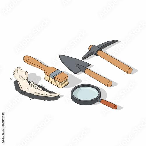 Outline Handdrawn Archaeology Paleontology Exploration Tools Equipment Collection with Bone Fragment Illustration