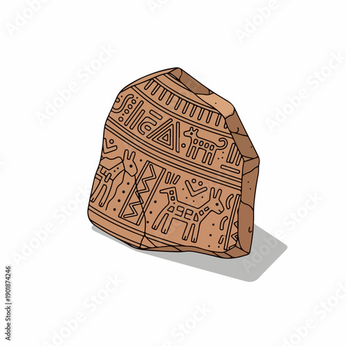 Outline Handdrawn Ancient Brown Clay Tablet with Primitive Animal and Geometric Carvings Archeological Artifact Object