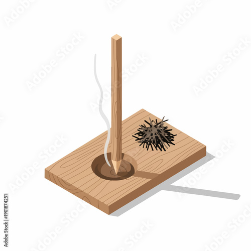 Isometric Detailed Fire Drill Hand Tool for Bushcraft Illustration