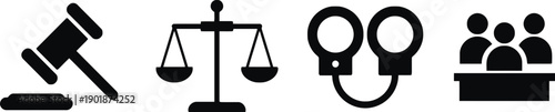 Legal justice system icons gavel scales of justice handcuffs court and jury in courtroom representing law and order crime and punishment legal proceedings and courtroom decisions represented visually