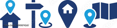 Location pin icons and map symbols for navigation direction and place finding with house and signpost designs showing destination or address on transparent background vector graphics
