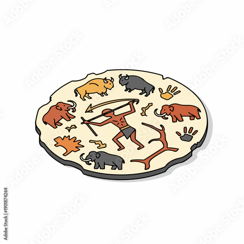 Cartoon Illustration Cave Painting Scene Showing Prehistoric Hunter and Animals