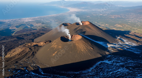 Drone footage of Mount Etna volcano smoking craters lava fields and Sicilian coast Italy