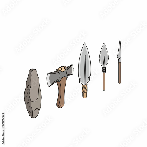 Flat Illustration of Primitive Stone Age Tool and Weapon Collection Set