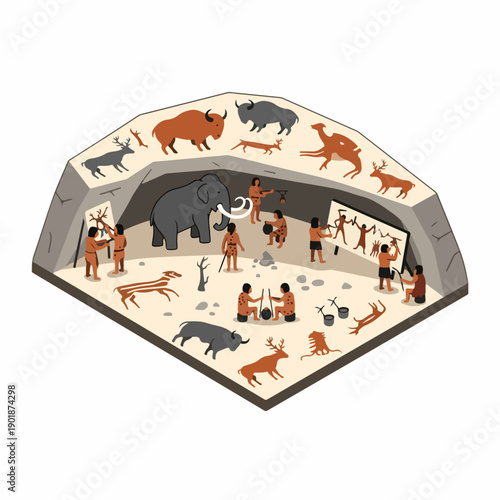 Pixel Art Detailed Cave Painting Scene of Prehistoric Life Illustration