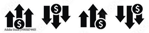 Money arrow icons, financial growth, economic decline, investment, trading, profit, loss, currency exchange, business finance, market trends