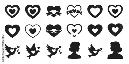 Modern collection of heart symbols and stylized doves conveying love and affection with ribbon details and abstract shapes perfect for romantic themes and graphic design projects
