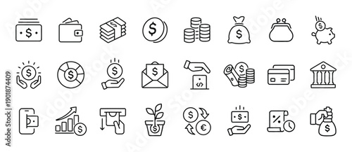 Money and finance icon set showing cash transactions savings investments banking and financial management with diverse symbols like wallets coins and ATMs for digital and print applications