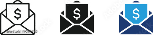 Money in envelope, payment letter, financial correspondence, invoice, salary, bonus, expenses, budget, financial report, money transfer icon.