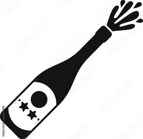 Champagne bottle with label featuring two stars, liquid splashing from opening