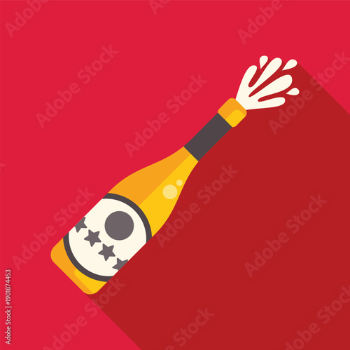 Champagne bottle popping cork with liquid splashing against a red background, flat design