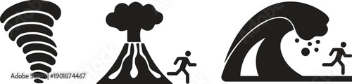 Natural disaster icons showing tornado, volcano eruption, and tsunami with fleeing people, illustrating destructive forces of nature for safety and awareness campaigns.
