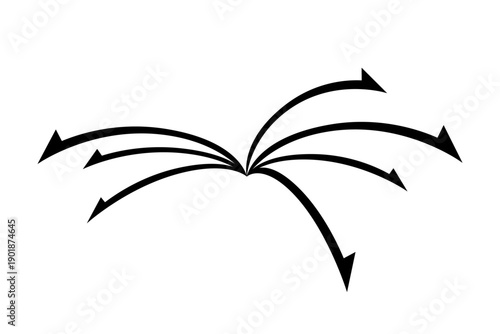 中央から分岐して広がる曲線矢印のイラスト｜放射・拡散・方向・流れを表すシンプルな黒の矢印素材